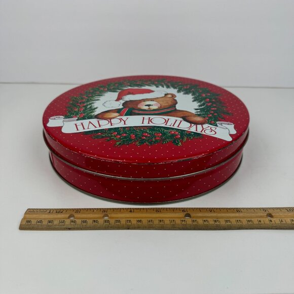 Vtg Round Metal Tin Teddy Bear Happy Holidays Red w Polka Dots 10in Diameter - Picture 10 of 13